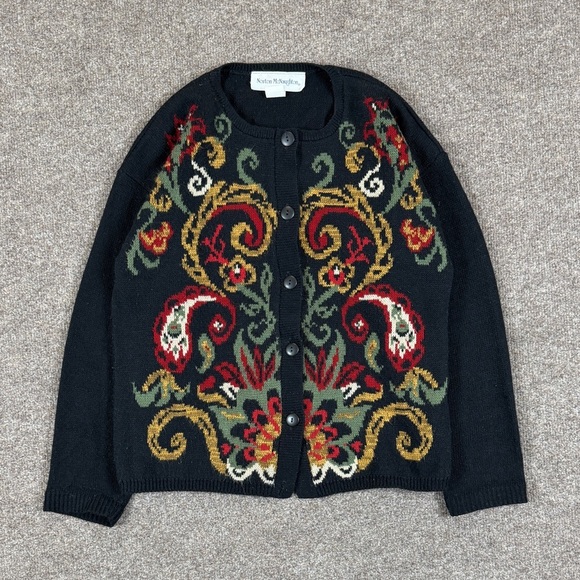 Norton McNaughton Sweaters - Vintage 90s Black Cardigan Sweater Women’s S Colorful Paisley Pattern Grannycore